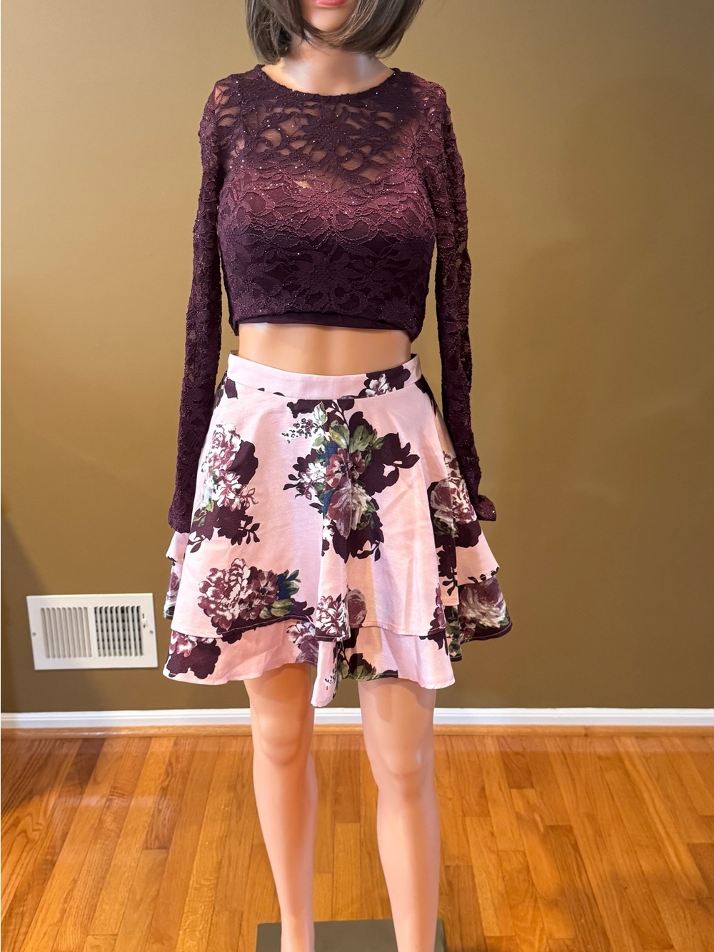 City Studio Two Piece Plum Lace Top Pink & Floral Tiered Skirt with Plum Accents